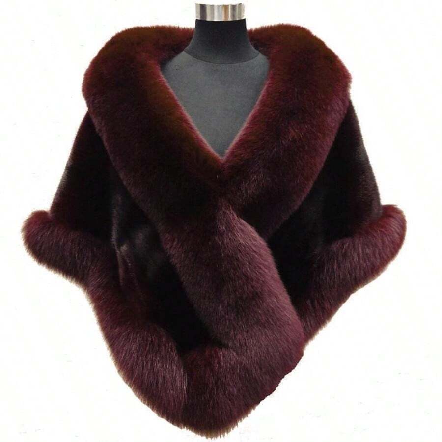 Women's Faux Fur Cape Shawl Wrap - V-Neck Oversized Plush Fleece Coat, Luxurious Grey/Black/White/Beige/Brown Winter Coat For Weddings, Parties & Evening Events, Machine Washable Elegant Cover-Up Halloween Costumes For Women Scarf - 勃根地酒紅色 - 查看 1
