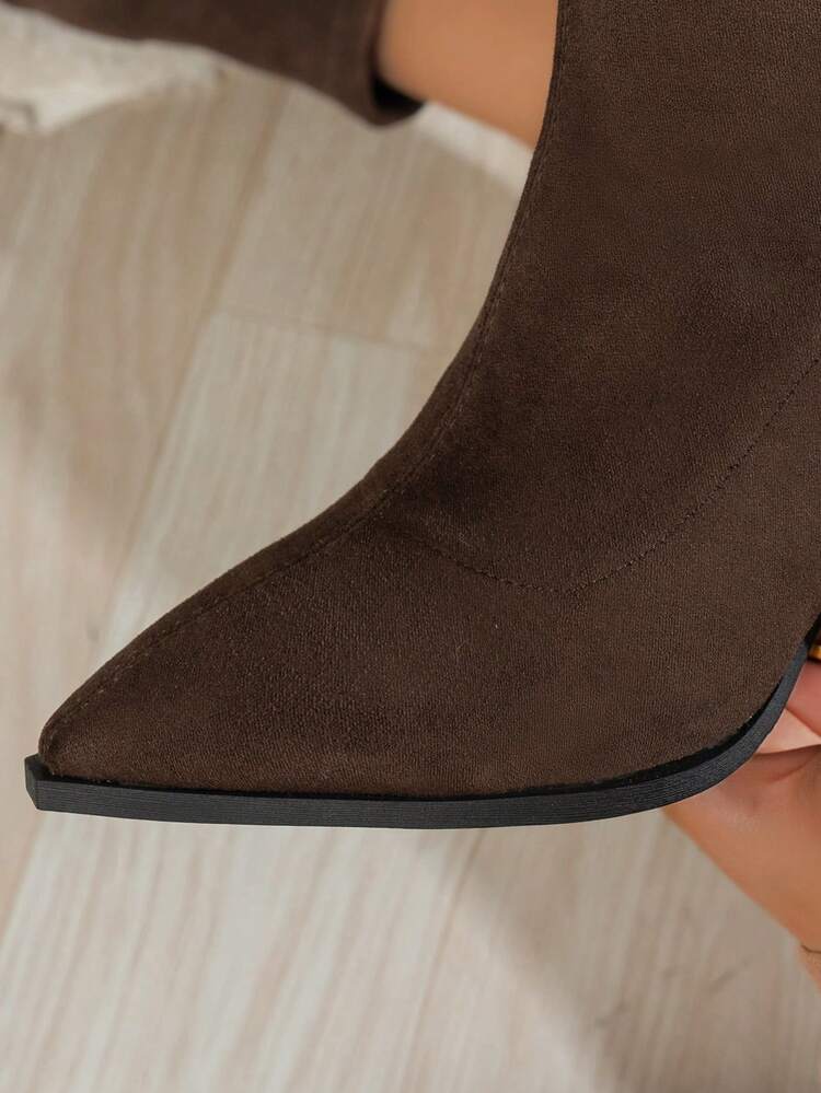 Fall/Winter Women's Fashion Pointed Toe Patent Leather Versatile Mid-Calf Chunky Heel Boots,High Heels - Coffee Brown - View 7