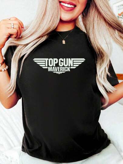 100% Cotton Top Gun Maverick Logo On Black Round Neck Short Sleeve T-Shirt Women's Men's Graphic Tee