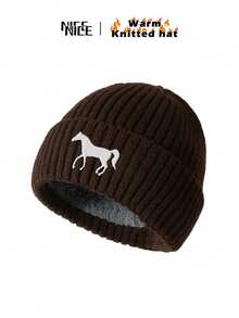 1 pieza Gorro de punto con bordado de caballo blanco para hombres, gorro unisex con forro polar cálido de estilo Y2K, gorra resistente al viento, regalo ideal para amigos y familiares, otoño/invierno