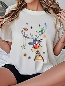 Women's  Christmas Reindeer Holiday T-Shirt With Colorful Antlers And Ornaments, Festive Snowflake Print, Perfect For Winter Celebrations And Xmas Parties 220g - 白色 - 查看 1