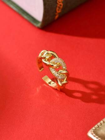 1 pièce Bague en chaîne tressée élégante et de luxe avec pierre en zircone pour femmes, bague ouverte de luxe au design ajouré du Moyen-Orient, bague de femme glamour avec strass, collection de bijoux convenant pour le port en automne