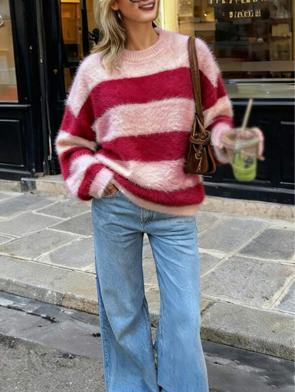 Women's Autumn And Winter Classic Retro Loose Soft Pink Color Striped Pullover Sweater, Suitable For Daily Leisure, Office, Home, Party And Other Occasions, Halloween, Christmas, New Year, Valentine's Day And Other Occasions