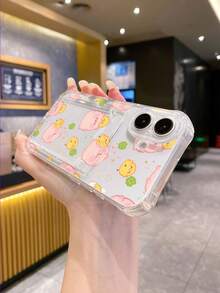 1pc Transparent White TPU Bumper Card Holder Case With Cute Pig & Chick Cartoon Pattern, Shockproof Phone Case Compatible With IPhone/ A31 4G/ A23/Redmi Note 8 Pro/Redmi Note 14 Pro 4G/Redmi Note 12 4G/OPPO A98/ S24 S25 ULTRA/ 15 PRO ULTRA 17 PAO MAX - Multicolor - View 4