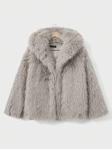 Casual Chic Faux Fur Hooded Women's Warm Daily Commute Hoodie Faux Fur Jacket, Chunky Sweatshirt, Winter Jacket For Women, Clothes For New Year - Grey - View 2