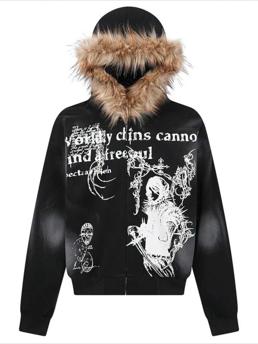 Gridborn Zip Up Hoodie Faux Fur Hood 3D Print Gothic Style Oversized Fit Streetwear - 黑色 - 查看 1
