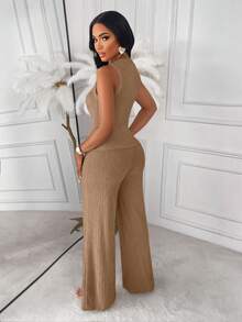 AIJ Top sin mangas a rayas Amarilo y pantalones rectos de 2 piezas, conjunto elegante de negocios casuales, último conjunto de mujer elegante para primavera/verano - marrón claro - Ver 2