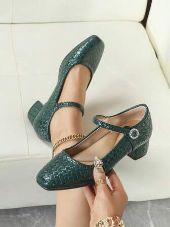 Kadın Kare Burunlu Rahat ve Rahat Yapay Elmas Tokalı Kalın Topuklu Yumuşak Tabanlı İş Ayakkabısı