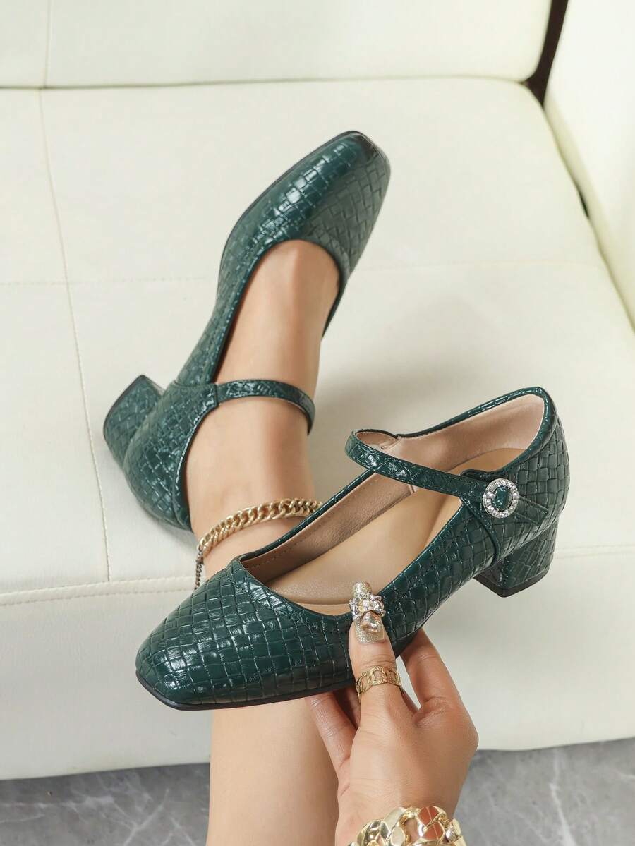 Giày công sở đế mềm mũi vuông đính đá Rhinestone thoải mái cho nữ - màu xanh lá - Xem 1