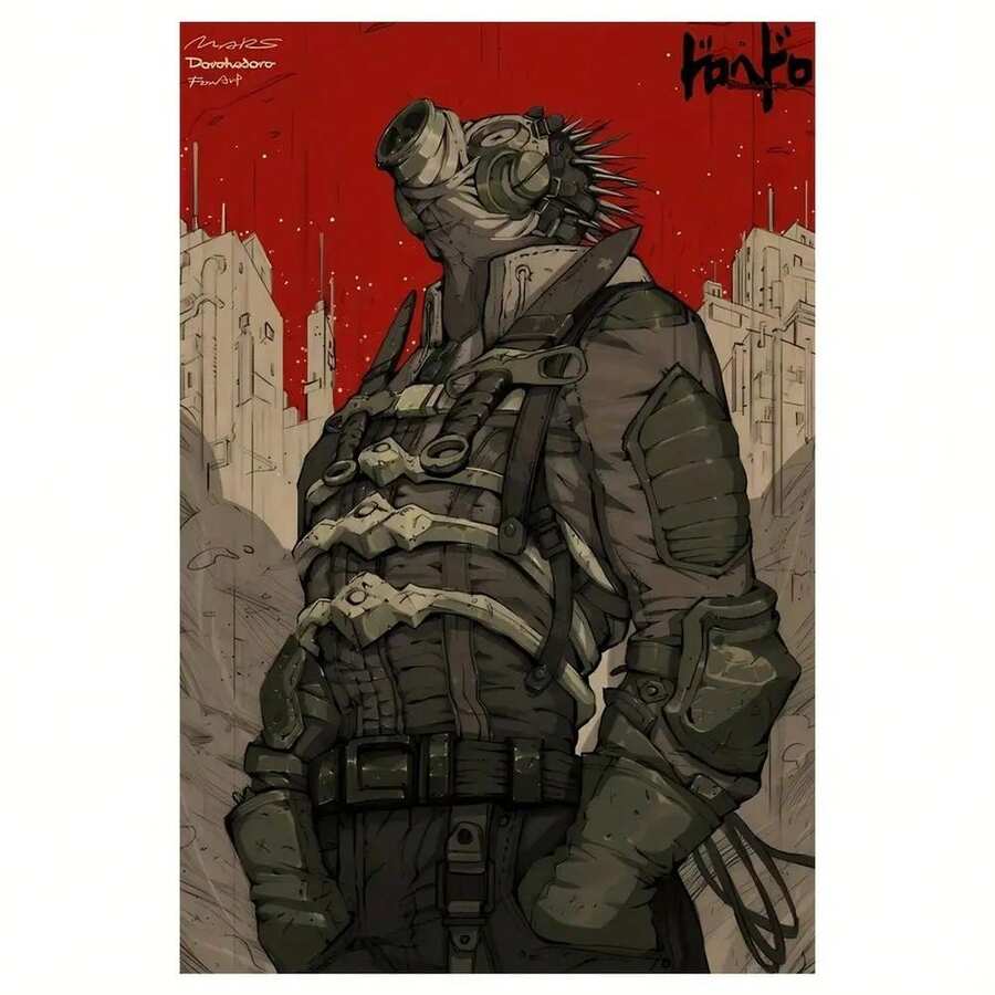 1pc Frameless Dorohedoro Anime Canvas Poster - Futuristic Cybernetic Character Artwork, Red Background With Cityscape & Mechanical Details, Perfect For Birthday Gifts, Party Decorations, Holiday - 彩色 - 查看 1