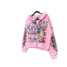 Hip-Hop Y2K Streetwear American Retro Letter Hooded Cardigan Printed Loose Sports Harajuku Style Sweatshirt - 粉紅色 - 查看 10