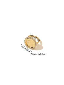 1pc Vintage Copper Alloy Gold Plated Coin Ring With Rhinestones, Suitable For Women's Daily Wear And Holiday Gifts
