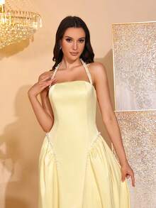 新款女式性感吊带挂脖式手工钉珠时尚皱褶A字裙伴娘服宴会生日派对礼服 - 淡黃色 - 查看 8
