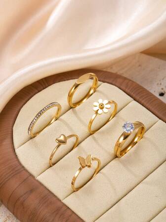 6pcs Elegant Stainless Steel Gold Color Ring Set For Women, Includes Flower, Heart, And Rhinestone Elements, Suitable For Daily Wear, Festivals, Dates, Engagements, Weddings