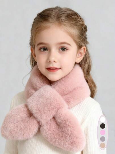 1pc Girls' Solid Color Fluffy Leaf Crossover Neck Warmer - Thick & Warm Fuzzy Children's Scarf, Soft Fur Outdoor Cold Protection Neck Wrap, Suitable For 4-14 Years Old Kids, Christmas Scarf