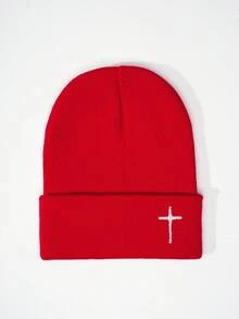 1 Stück Kreuz bestickter gestrickter Beanie, Y2K Stil Outdoor warmer Lässig vielseitiger Winterhut, geeignet für den täglichen Gebrauch