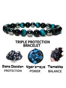 8mm Natural Blue Tiger Eye Men's Protection Bracelet -Courage ,Confidence ,Hematite Healing Yoga Meditation Spirit Jewelry Gifts For Women Men