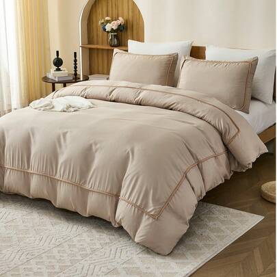 三件套蓬松绒球被套组（1个被套+2个枕套，不含被芯），复古别致灰色床上用品套装，柔软透气轻盈的涤纶面料，宿舍装饰，适合多种床型