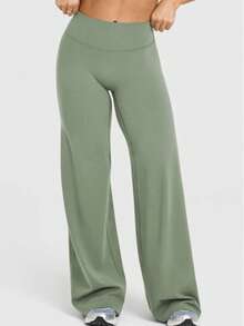 Women's Solid High Waist Sports Leggings, Casual Comfy Breathable Loose Pants For Yoga Gym Workout Running, Ladies Sportswear For All Seasons, High Waisted Flare Legging - Green - View 5