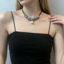 1 pieza Collar asimétrico de cadena y cordón negro, versátil collar gargantilla elegante y atrevido