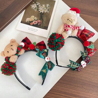 زوج من أطواق الرأس الفاخرة المزينة بالدببة الناعمة والفيونكات، إكسسوارات شعر عيد الميلاد الأنيقة، أطواق رأس كرتونية جميلة، أطواق رأس لأزياء حفلات عيد الميلاد