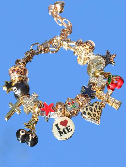 1pc Cute Red Cherry Charm Bracelet, Leopard Print Star Girl Bracelet, Black 8 Ball Dark Bracelet, Cross Star Bracelet, Punk Music Festival Bracelet