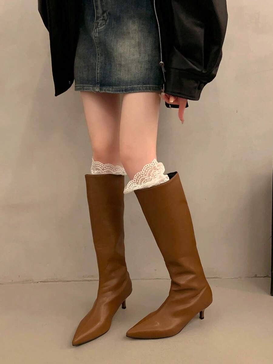 Women's French Pointed Toe Mini Stiletto Heel Knee-High Boots, 2025 Autumn/Winter New Style, Wide Shaft, Minimalist Solid Color, Sexy Fashion Versatile High Boots, Western Style, Elegant Fashion Long Boots, Riding Boots - Brown - View 1