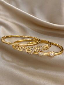 18K 镀金不锈钢或铜质奢华优雅心形和竹子手镯套装，适合女士，甜美珠宝妈妈礼物圣诞节感恩节万圣节婚礼狂欢/舞会/派对/日常配饰周年纪念情人节波西米亚珠宝生日伴娘礼物 - 彩色 - 查看 5