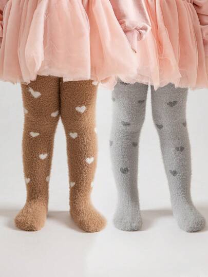 1/2 双装幼儿/儿童/婴儿珊瑚绒踩脚裤/打底裤，咖啡色、棕色、灰色、白色，撞色设计，卡通爱心图案