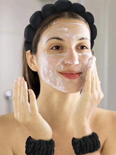 Different Colors Pink Blue Black Purple Face Wash Headband Set (Headband*1 + Towel*2) / (Wristband*2) Shower Headband & Wristband Set For Makeup, Washing Face Shower Headband & Wristband Set For Makeup, Washing Face Valentine DAY, Valentines Hair Accessories