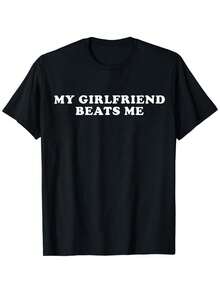 T-shirt court en coton confortable. T-shirt avec une declaration audacieuse "Ma petite amie me bat" - Noir - Voir 1