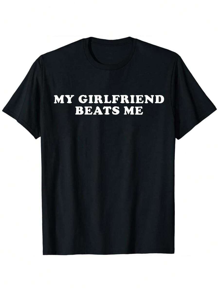 T-shirt court en coton confortable. T-shirt avec une declaration audacieuse "Ma petite amie me bat" - Noir - Voir 1