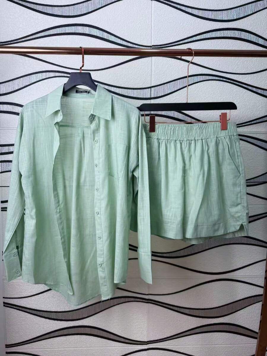 Imported Women's Linen Set / Button / Lining / / Women's - Green - View 1