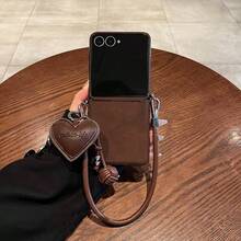 Luxury Minimalist Brown Lunar Crater Pattern Phone Case, With Leather Heart-Shaped Pendant Lanyard, Compatible With Samsung Galaxy Z Flip 5/6/Z Flip 6/Z, Shock-Resistant Back Cover - Brown - View 3