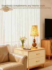 1个LED木纹金属台灯，复古褶皱布艺灯罩，柔和光线，北欧、意式风格，乡村风客厅卧室现代简约阅读学习桌灯，个性化创意简约，暖光装饰多用途暖光露营浪漫优雅氛围床头夜灯 - 多色 - 查看 2