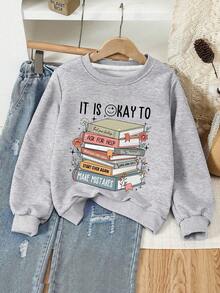 Sweatshirt Leher Bulat Bertema Buku Pola Huruf Kasual Baru, Cocok untuk Dipakai di Musim Gugur/Musim Dingin. Cocok untuk Dipakai Pelajar Saat Berbelanja, Bepergian, atau Menghadiri Pertemuan. - Grey - View 3