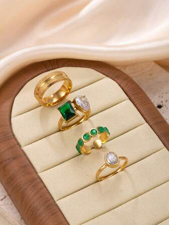 4pcs Fashionable Stainless Steel Women's Rhinestone Ring Set With Green Gemstone Teardrop Elements, Suitable For Daily Wear, Festivals, Dates, Engagements, Weddings, Jewelry Gift
