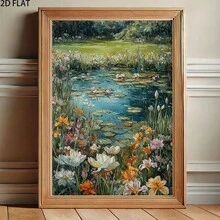 1 件油画帆布艺术墙饰，描绘郊区池塘中盛开的莲花，卡通复古风格风景印刷海报房间装饰、走廊、书房、卧室墙壁艺术、秋季装饰（无框架） - 彩色 - 查看 9