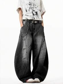 1 件正义兄弟休闲男士宽松破洞牛仔阔腿牛仔裤，日式风格 - 黑色 - 查看 5