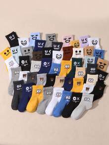 10 Pairs Kids' Random Solid Color Cute Expression Casual Mid-Calf Socks
