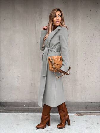 Women's Autumn And Winter New Solid-Color Lapel Long-Sleeve Outerwear Simple Belted Coat