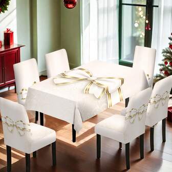 1/4/5/6/7/36pcs Elegant White Bow & Golden Trim Printed Chair Cover/Slipcover Set, Suitable For Indoor Home, Restaurant, Hotel, Ideal For Modern Daily Decor. Tablecloth Fits Square Dining Table, Elastic Chair Covers Are Washable.