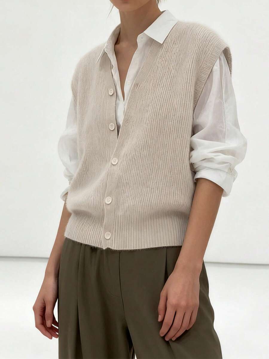 Women's Knit Sweater Vest Fashionable Versatile Solid Color Sleeveless V Neck Button Down Cardigans - Light Grey - View 1