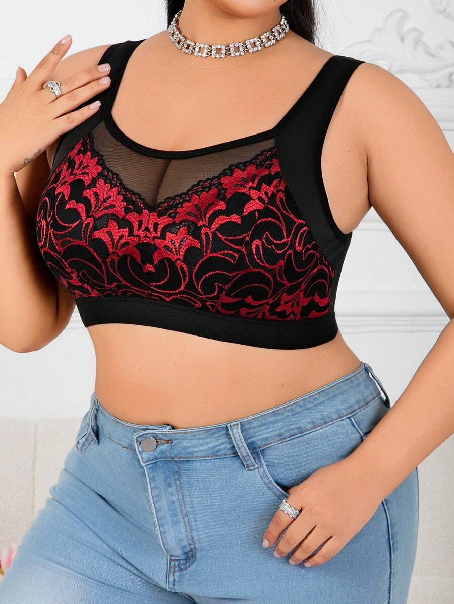 Plus Size Red Leaf Lace Patchwork Wireless Bra, Soft And Skin-Friendly Fabric - Red - View 1