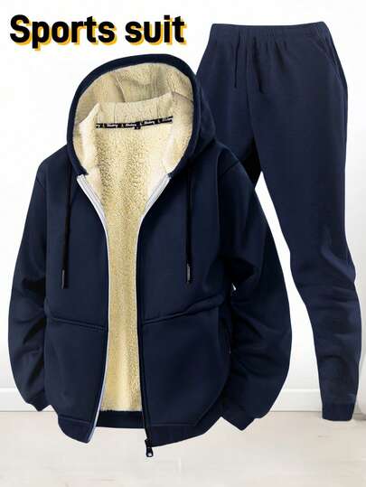 Set 2 buc. pentru adolescenți, sport, casual, cu glugă, toamnă/iarnă, din fleece, hanorac + pantaloni de trening, costum casual cald și versatil la modă