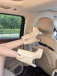 女士时尚方头简约套脚靴，粗跟中筒靴，黑色和米色可选，适合冬季，高跟鞋 - 米色 - 查看 2