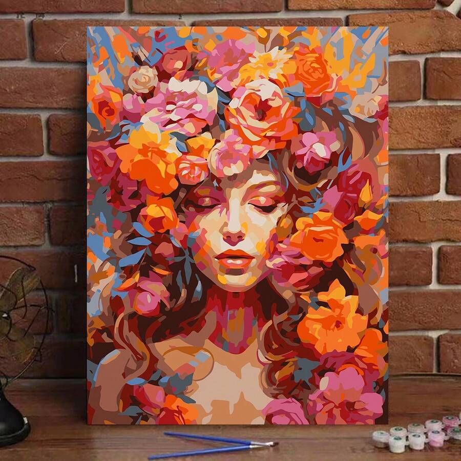 1pc DIY Digital Oil Painting Acrylic Paint Kit, 40*50cm With Paints And Brushes, Suitable For Stress Relief, Number Painting, Handmade Floral Embrace Design, Room Decor Wall Art, Mural, Beginner Painting, Ideal Gift For Friends (Frameless) - Multicolor - View 1