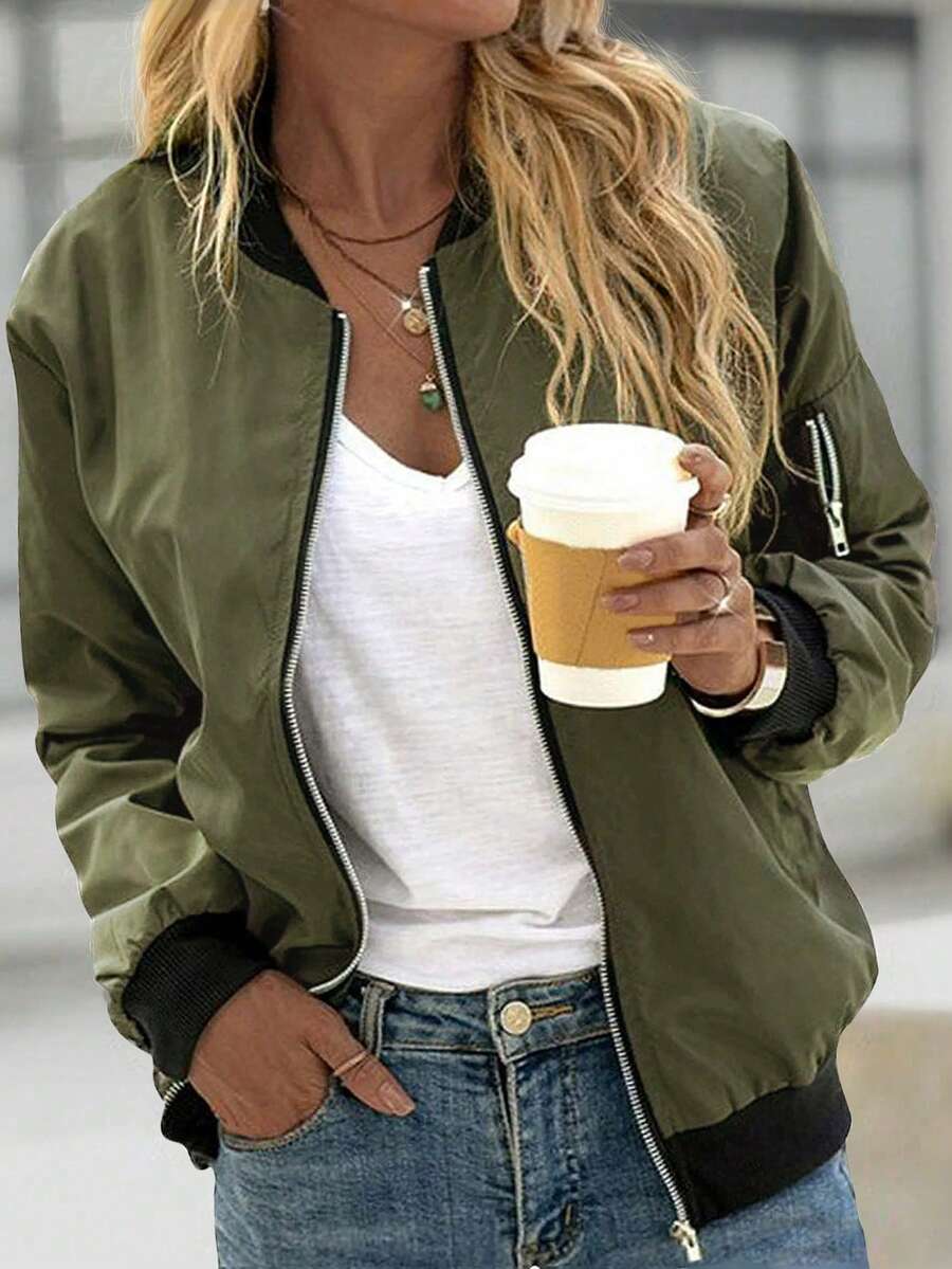 Women's Spring/Autumn Casual Fashion Baseball Collar Zip-Up Lightweight Jacket - Army Green - View 1