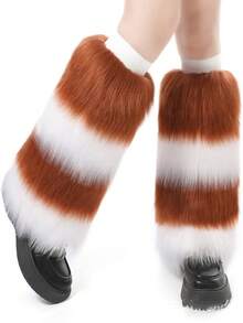 Women Faux Fur Furry Leg Warmers Girls Knee High Thick Socks Winter Boot Cuffs Cover Plush Ravewear Party Costumes - 黑綠 - 查看 9