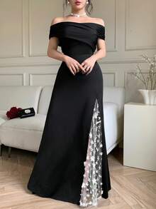 abyoxi 女士性感露肩奢华3D立体花卉优雅浪漫派对连衣裙，适合返校季、春夏穿着 - 黑與白 - 查看 4
